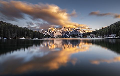 Misurina lake during a beautiful sunset, Auronzo di Cadore, Dolomites, Veneto, Italy, Europe